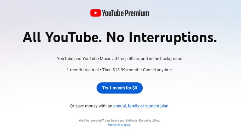 start 1 month free trial of YouTube Premium on YouTube official