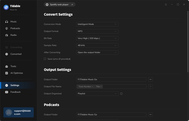 settings under the web source