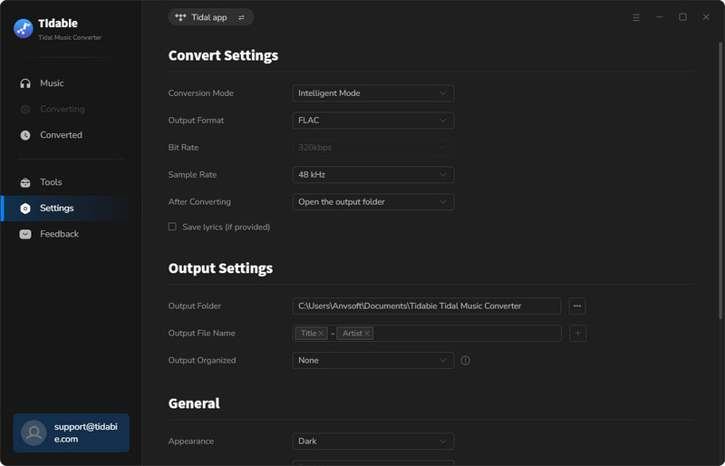 set up tidal music output format