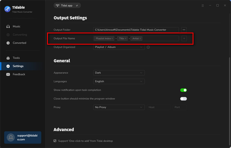 output settings