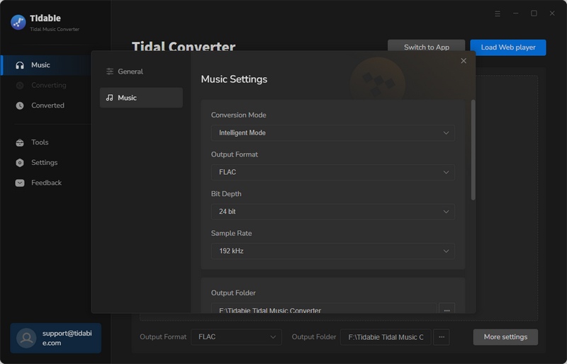 change tidal music output settings