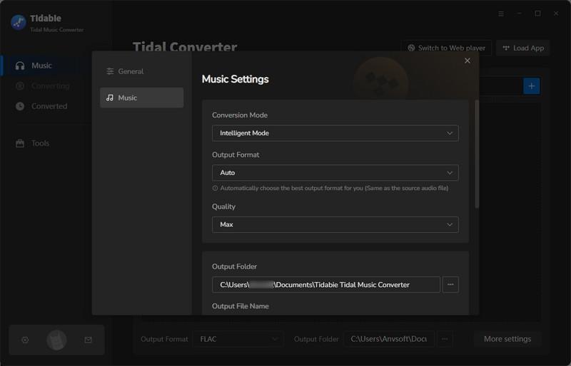 set up  tidal music output format